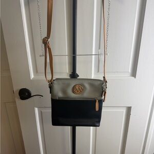 Two-Tone Crossbody Bag in Black and Gray with Tan Strap